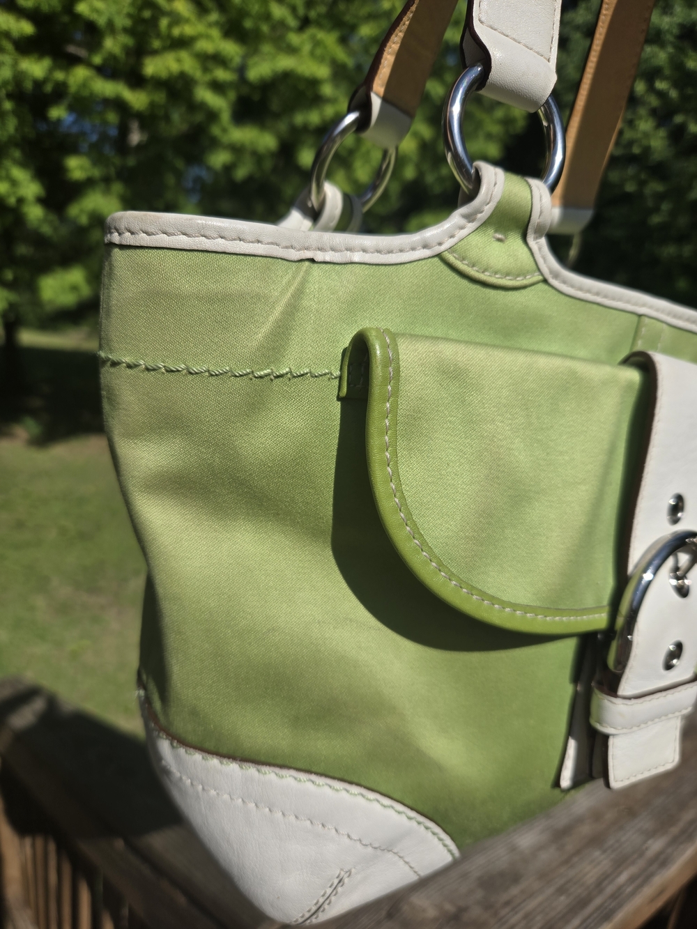 Coach Soho Tote Twill & Leather Lime Green and White Leather-Trim Shoulder Bag - Picture 9 of 11